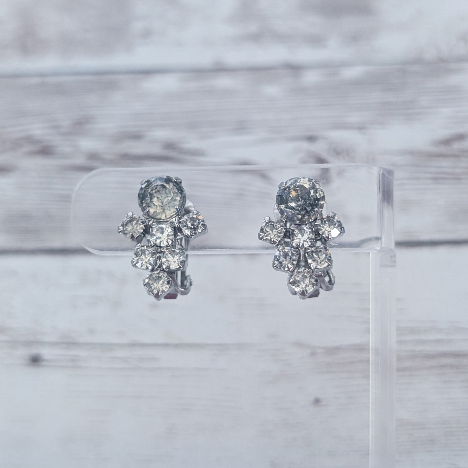 Vintage Clip On Earrings Clear Gems - Some Darkening & Yellowing